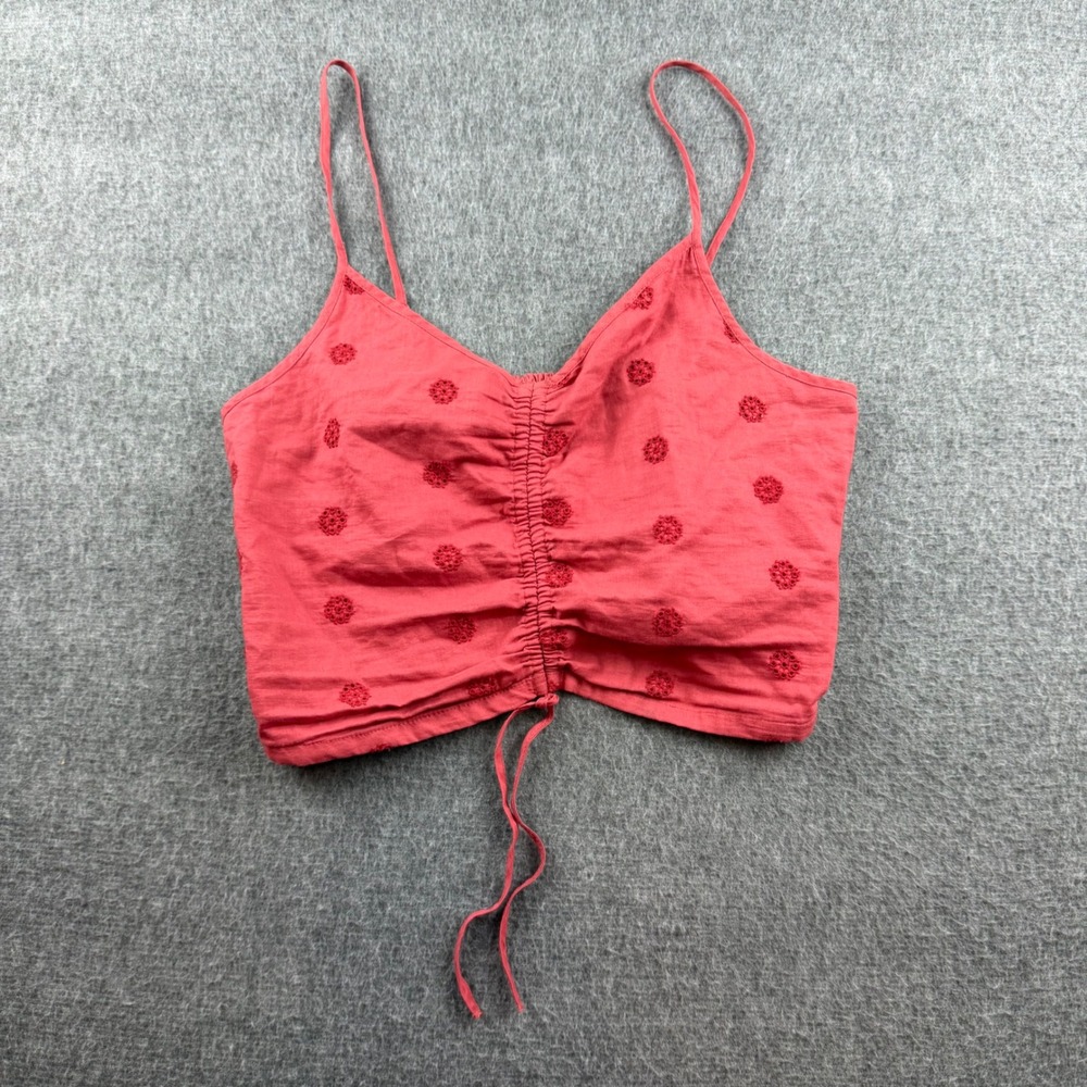 American Eagle Camisole Women Size S Red Eyelet Ruched Smocked Crop Top